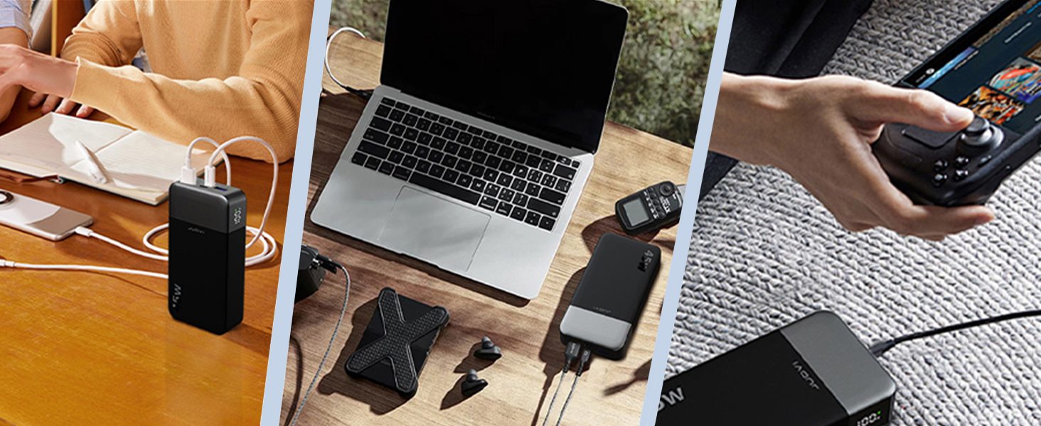 Tríptico de imágenes del espacio de trabajo que muestran manos escribiendo en ordenadores portátiles y utilizando dispositivos digitales en superficies de madera.