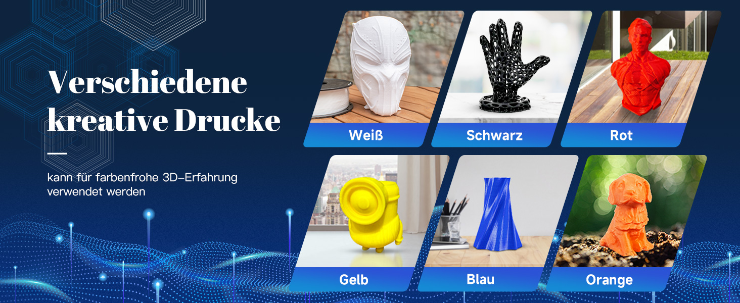 Sammlung von 3D-gedruckten Objekten in verschiedenen Farben: weiße Büste, schwarze Hand, rote Figur, gelbe Kamera, blaue Vase und orangefarbener Hund. Der Text weist auf verschiedene verfügbare Farboptionen
