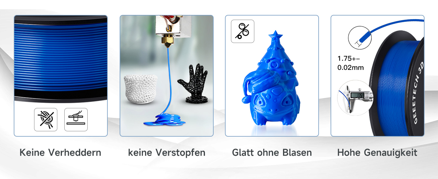 Vier Panels mit den Eigenschaften des 3D-Drucker-Filaments: blaue Spule, weiße Düse, blaues gedrucktes Objekt und blauer Filamentstrang. Im Text werden Vorteile beschrieben, wie z. B. kein Verheddern oder Verstopfen