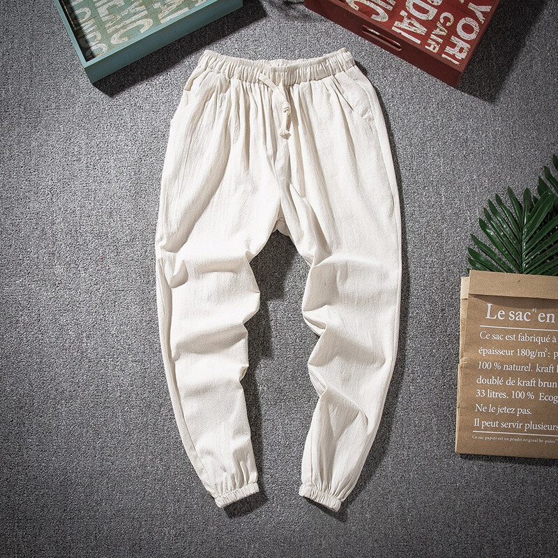 Mens Cotton Linen Trousers Baggy Pants Harem Lace Up Elastic Waist Loose Casual