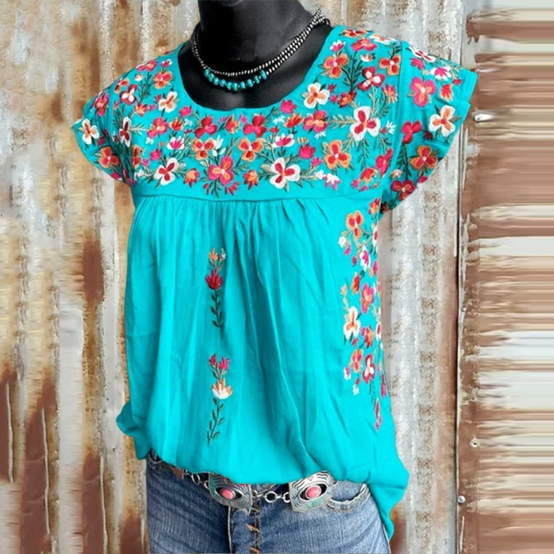 Summer Womens Casual Round Neck Short Sleeve T Shirt Floral Tops Loose Blouse